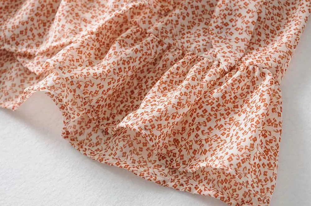 Модное женское платье с завязками по бокам 2019 оранжевое цветочным принтом для