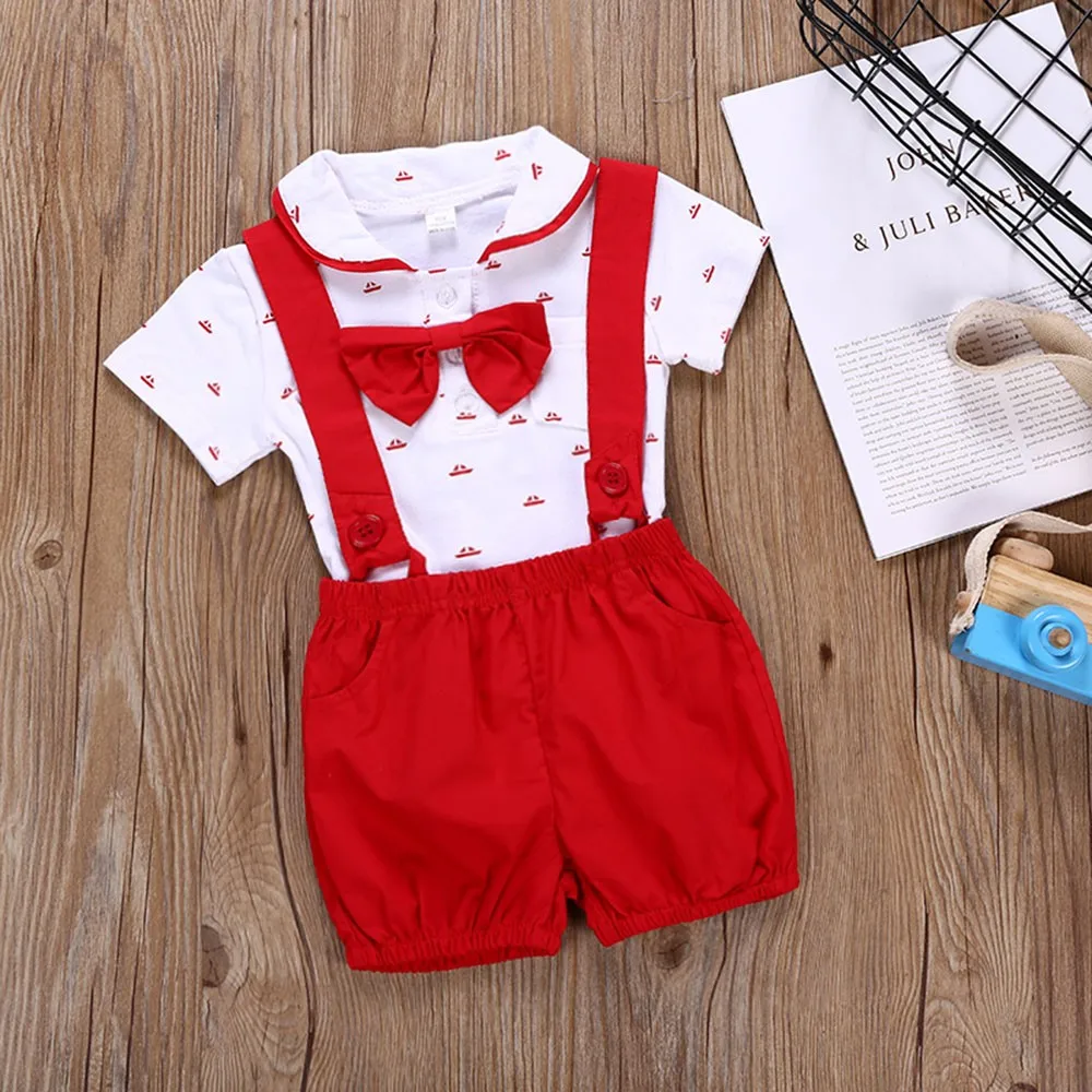 2PCS Baby Rompers Christening Baptism Baby jumpsuit Newborn infant Clothes kids chird Gentleman Boy Suspender Rompers