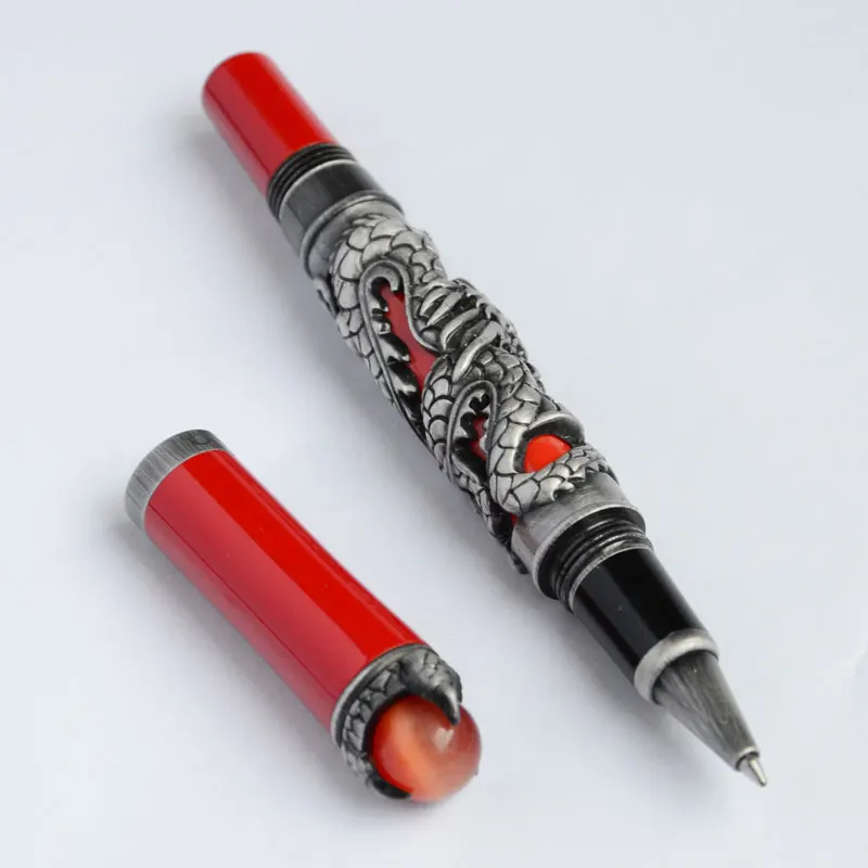 Color 3 as picture Роликовая Шариковая ручка Jinhao DRAGON KING PLAY PEARL OVERLORD 3 цвета черный красный античный Серебристая кисточка отделка красный жемчуг Офис Лучший подарок - Цвет: Color 3 as picture