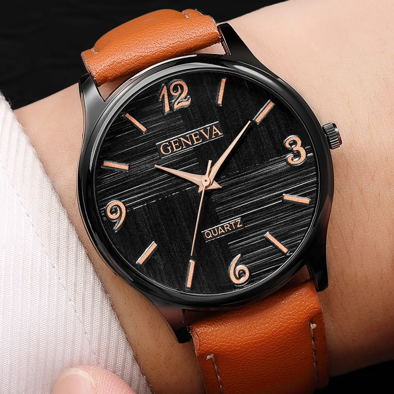 Для мужчин смотреть люксовый бренд Женева Кожаный ремешок аналоговые кварцевые