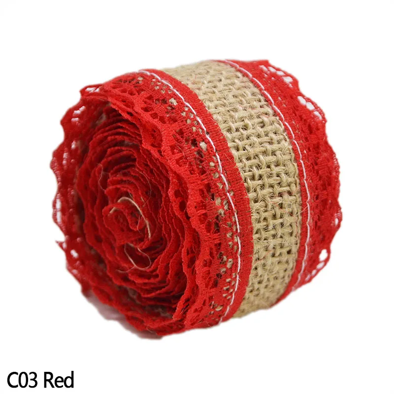 C03 Red 2 м/рулон многоцветная джутовая кружевная лента деревенские свадебные украшения из натурального кружева обрезанная лента джутовые мешковины поделки на Рождество - Цвет: C03 Red