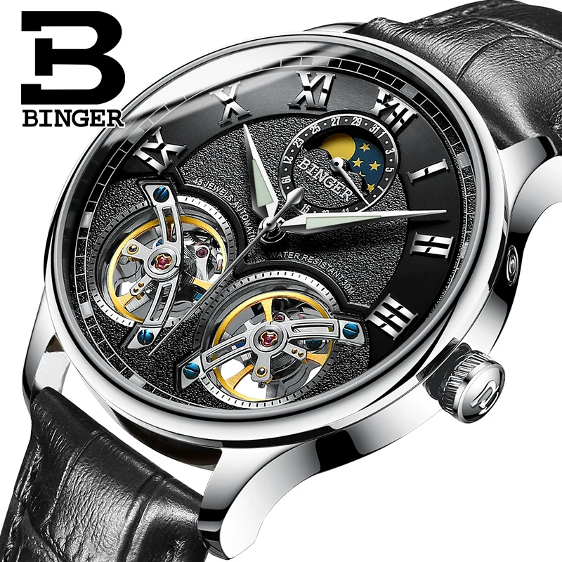 

Double Tourbillon Switzerland BINGER Automatic Mechanical Watch Men Fashion Leather Clock Reloj Hombre Zegarek Meski Waterproof