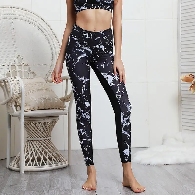 Черный спортивный костюм для фитнеса с принтом Женский комплект йоги Леггинсы