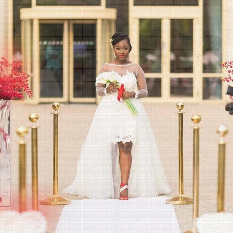 

2019 Country Wedding Dresses with Detachable Train Wedding Dress 2 In 1 Illusion Long Sleeves Open Back African Bridal Gowns