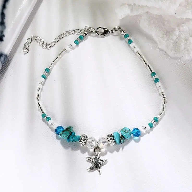 Starfish Pearl Retro Anklet Green Bead Pendant Bracelets Beach Jewelry | Украшения и аксессуары