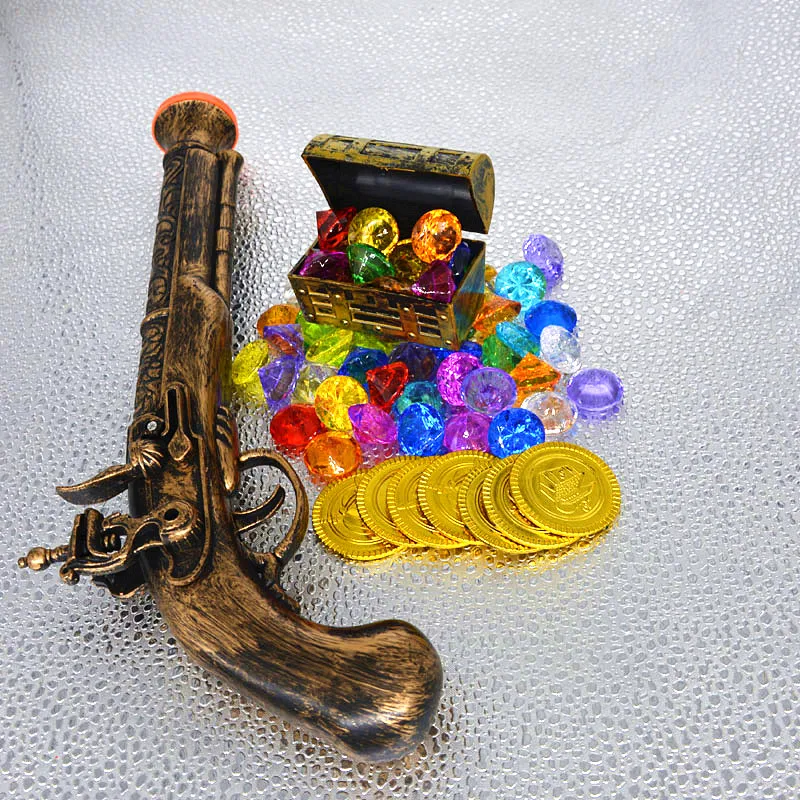 Children Treasure Box Map Gun Compass Hunting Chest Telescope Plastic Toy Gold Coins and Pirate Gems Jewelry Set Pack birthday|Сувениры