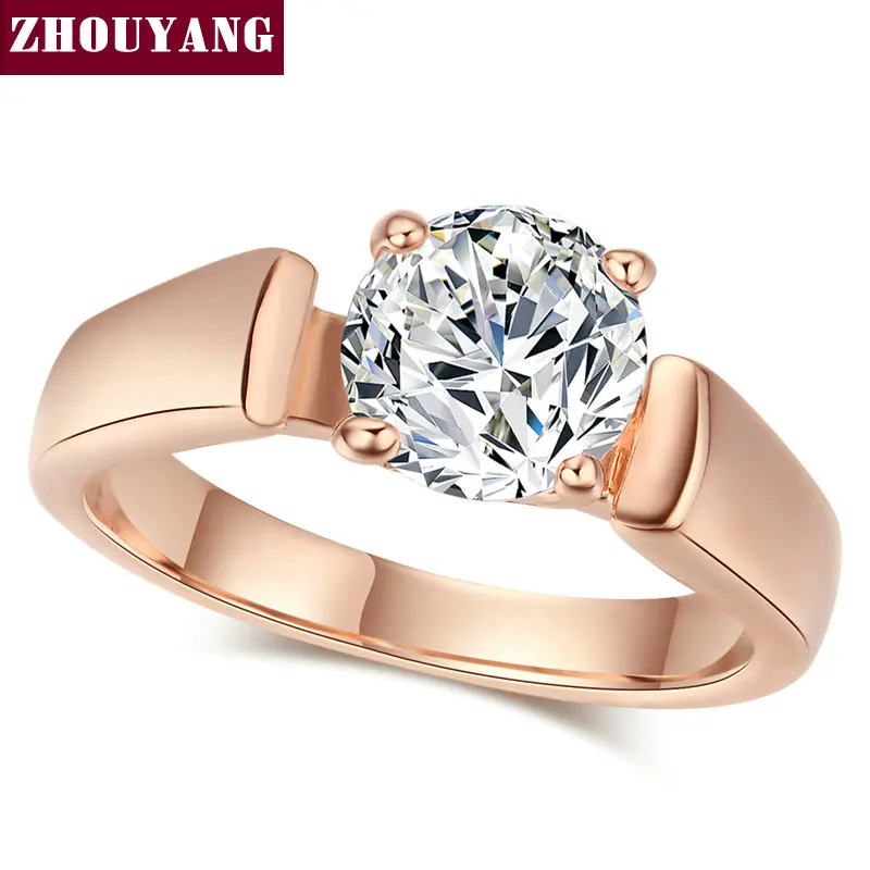 ZHOUYANG, обручальное кольцо для женщин, 4 когти, классика, 7 мм, много цветов, опционально, кубический цирконий, розовое золото, модное ювелирное изделие R053 R822 - Цвет основного камня: RoseGold Clear