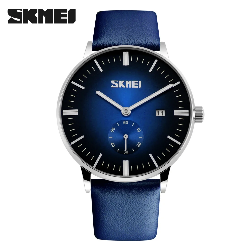 sky blue Новые мужские часы Топ бренд класса люкс 30 м водонепроницаемые мужские часы Дата Мужской кожаный ремешок повседневные Кварцевые спортивные наручные часы SKMEI 9083 - Цвет: sky blue