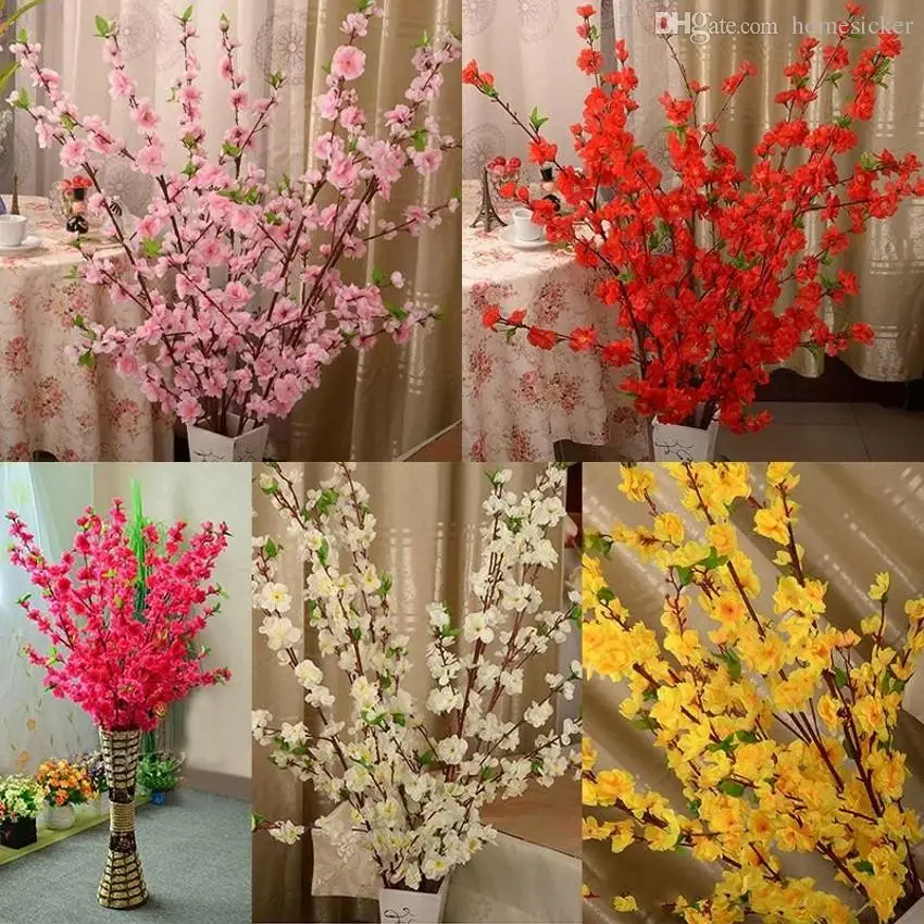 

Artificial Cherry Spring Plum Peach Blossom Branch Silk Flower Tree For Wedding Party Decoration white red yellow pink color