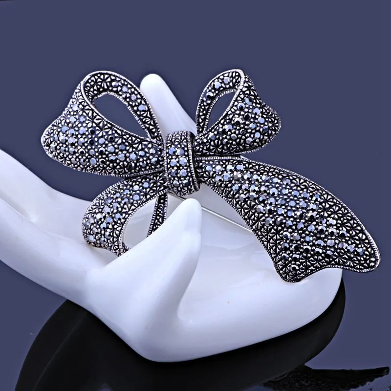 Модные броши со стразами и черным бантом для женщин большая Милая Винтажная
