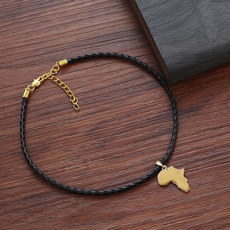 Женское колье чокер с подвеской в виде карты Африки золотистого цвета|black rope