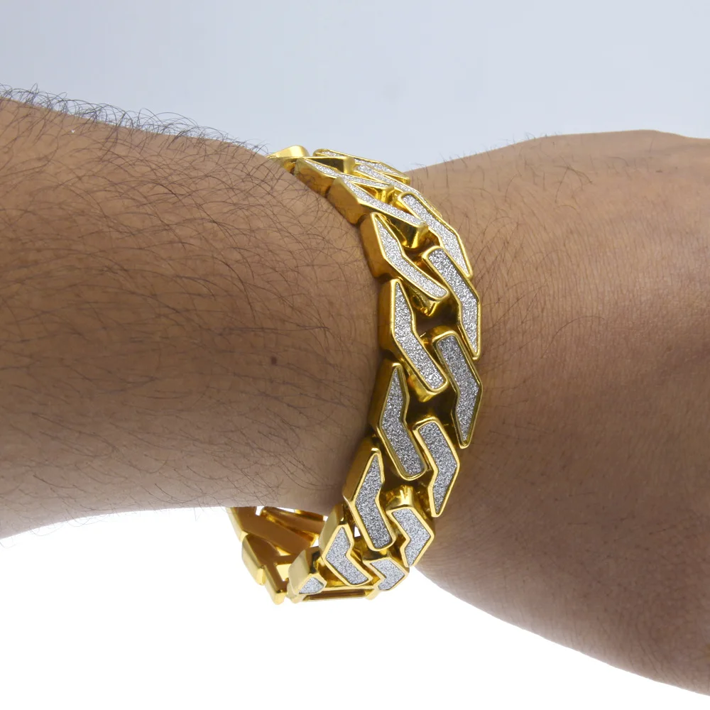 Sand Blast Bracelet Cuban Chain Link Alloy Iced Out Hip Hop Gold Silver Color Bling Crystal Heavy 15MM for Mens Bracelets 8.6" image 3