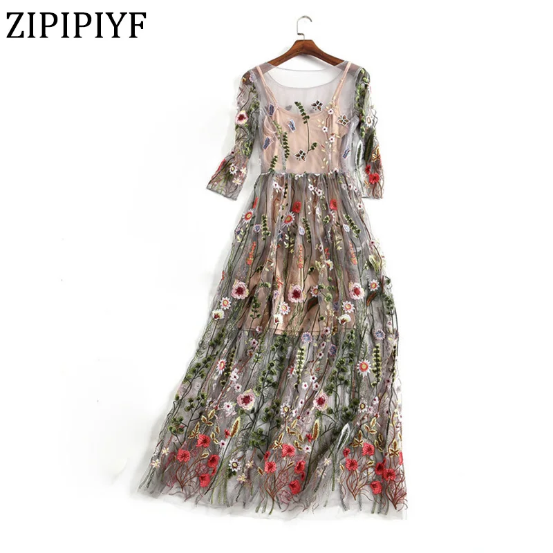 Zipipiyf высокое качество o Брендовое платье Boho 2018 сезон: весна–лето Тюль Цветочные