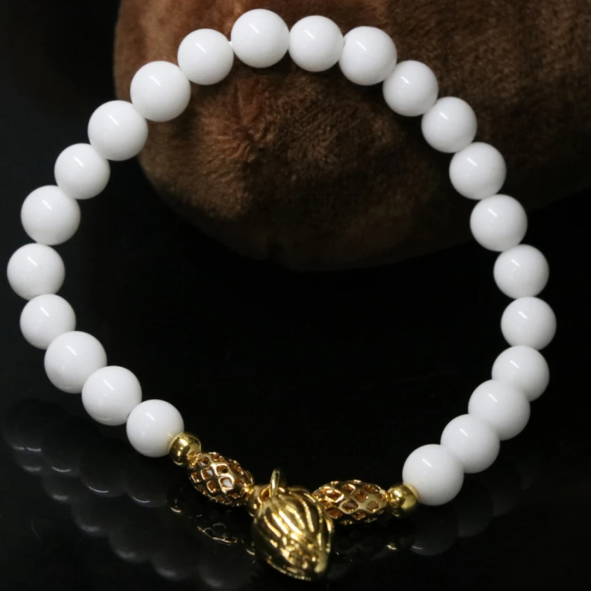 

New fashion gold-color drop pendant accessories white porcelain bracelets for women 6mm round beads jewelry 7.5inch B2133