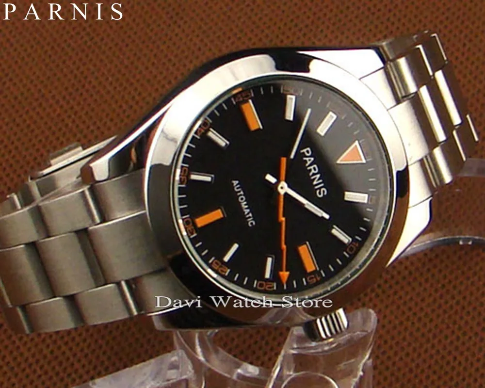 Автоматические Мужские часы Parnis из нержавеющей стали с черным циферблатом 40 мм |