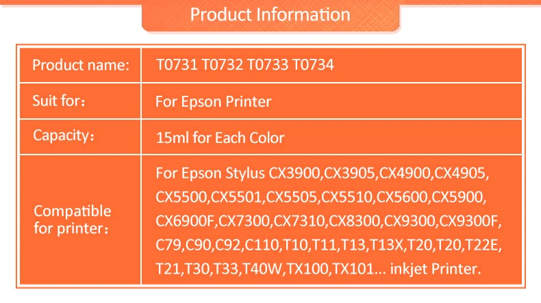 Совместимость T0731 T0732 T0733 T0734 T0735 XL чернильный картридж для принтера Epson Stylus TX209 TX300f TX400 TX409 TX600F T10 T11 T20 принтер