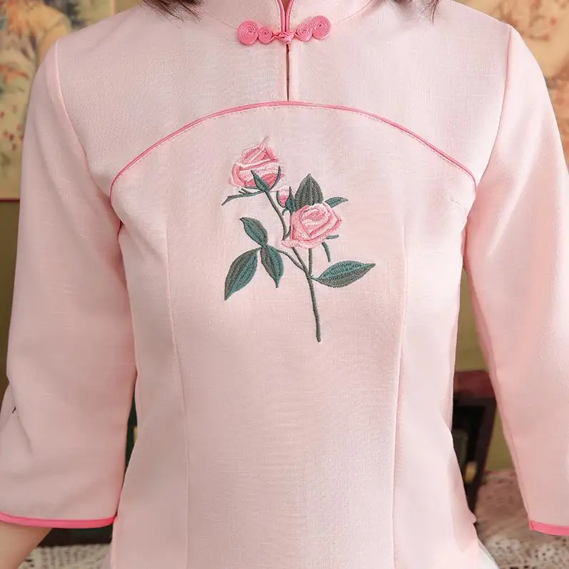 Shirt 2 Новая улучшенная версия платья Чонсам китайский hanfu Женский три четверти рукав цветок вышивка Двухсекционный размер S-3XL - Цвет: Shirt 2