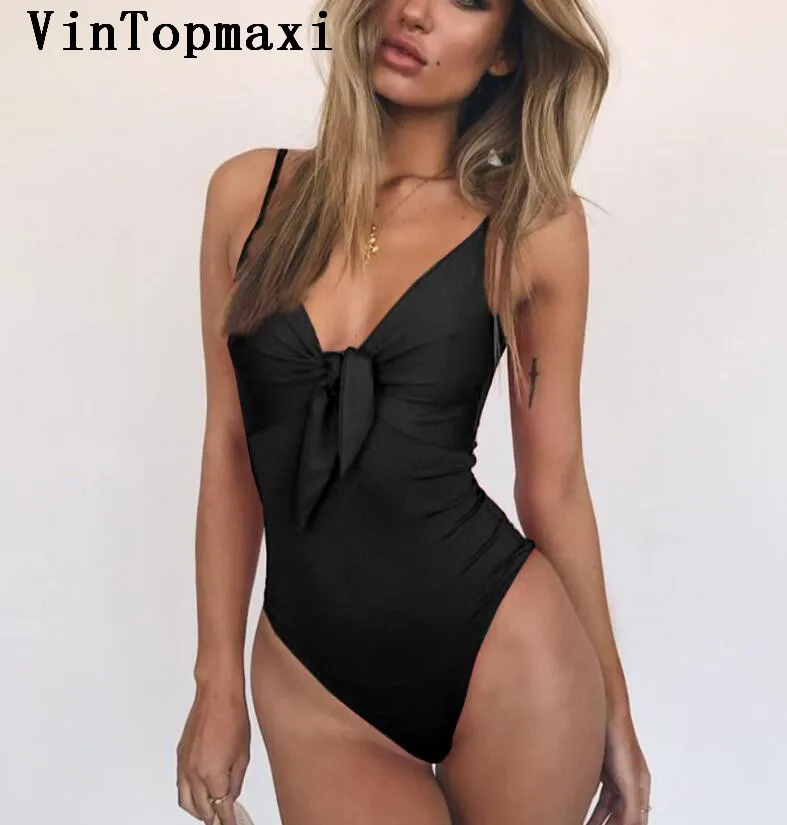 2018 Новый Однотонный женский слитный купальник с узлом на груди и бантом