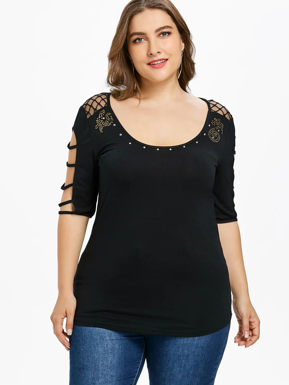Rosegal плюс размер футболки женские ажурные вставки лестница вырез совок шеи