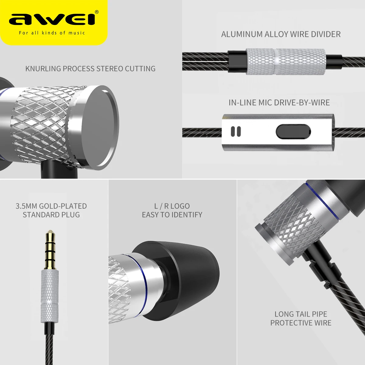 AWEI In-Ear Earphone Wired Headset fone de ouvido Bass Sound Earbuds With Mic Earpieces for Samsung iPhone Xiaomi auriculares