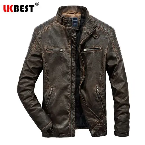 LKBEST, новинка, Ретро стиль, кожаная куртка, Мужская, брендовая, мотоциклетная, мужские кожаные куртки, пальто, искусственная кожа, зимняя куртка, Мужская, размера плюс, верхняя одежда, PY60 - Цвет: BROWN