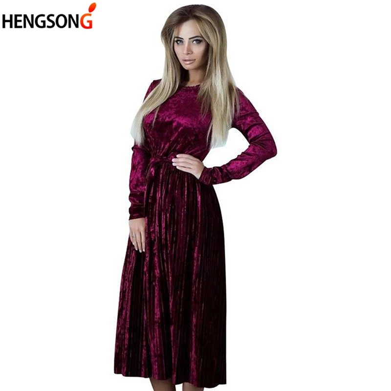 2019 осенне зимнее платье с длинным рукавом и круглым вырезом элегантное велюровое