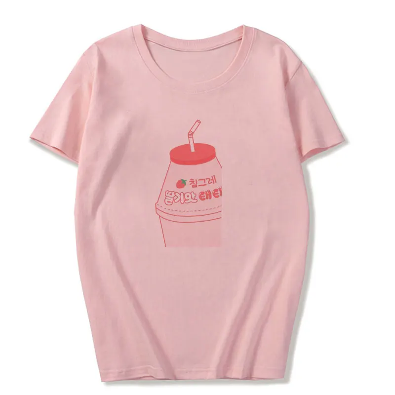 2034-pink Корейский стиль Kawaii клубника молоко мультфильм напитков печатных футболка Harajuku розовый девичье сердце Ulzzang Kpop женская уличная одежда - Цвет: 2034-pink