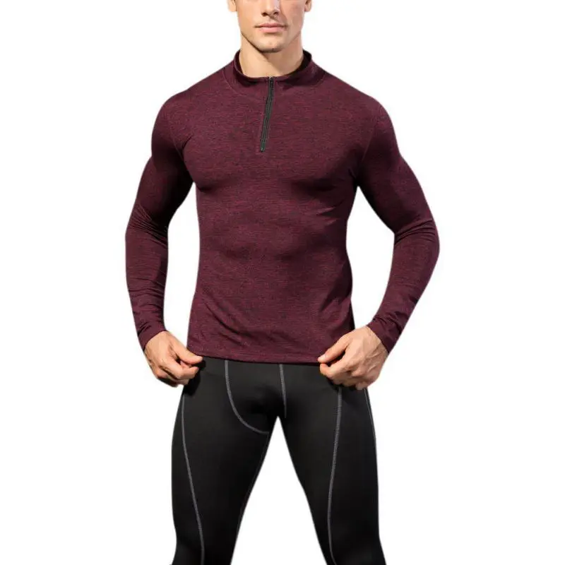

Men Quick Dry Long Sleeve Shirts Stand Collar Solid Tight Shirt fitness Sweatshirts Sports Gym Top