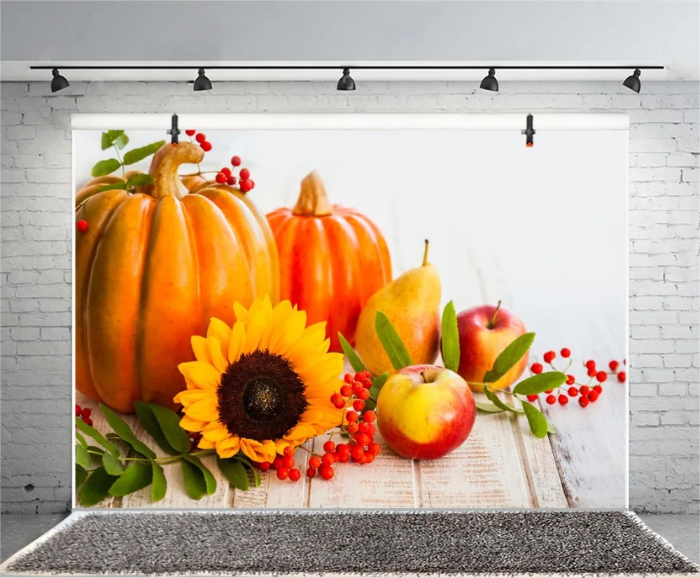 Laeacco Autumn Harvest Wooden Board Pumpkin Sunflower Photography Backgrounds Customized Photographic Backdrops For Photo Studio |