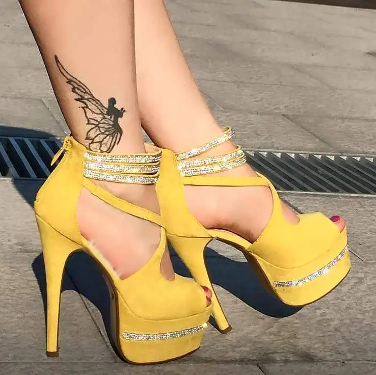 D1107 Yellow Yifsion/женские босоножки на платформе со стразами; пикантные босоножки на тонком высоком каблуке; модельные туфли желтого цвета с открытым носком; женская обувь для вечеринок; большие размеры США 5-15 - Цвет: D1107 Yellow