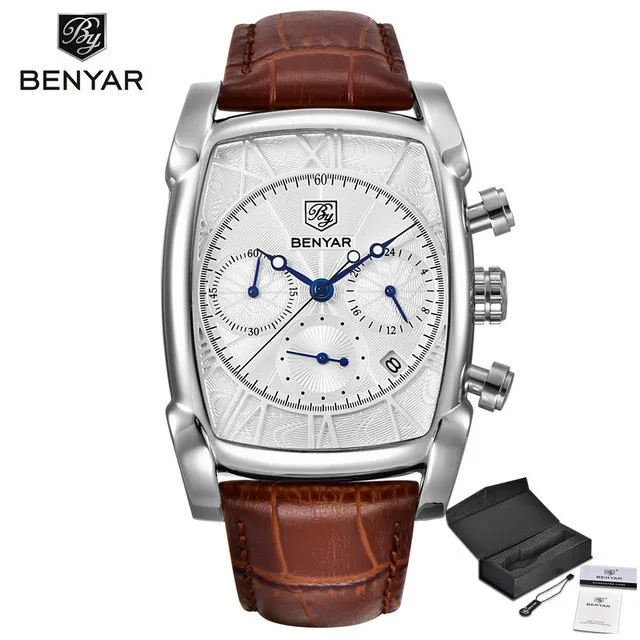 brown white BENYAR классический прямоугольный корпус Модный Спортивный Хронограф Мужские Бизнес часы из натуральной кожи ремешок кварцевые часы Relogio Masculino - Цвет: brown white
