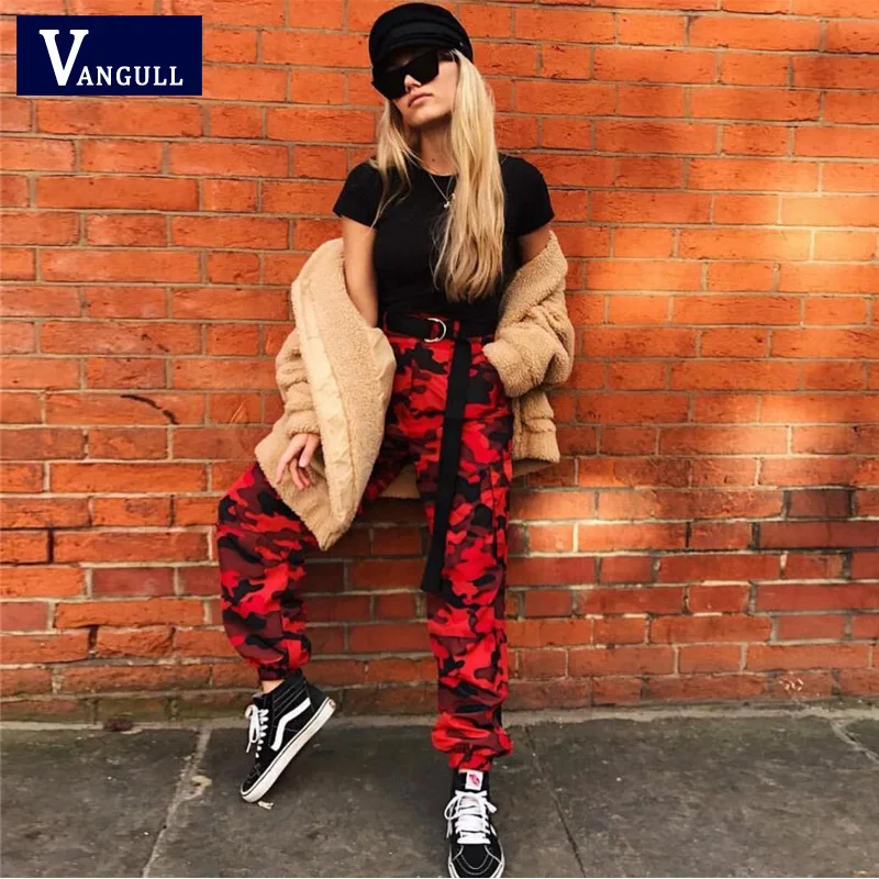 Vangull/красные камуфляжные штаны-шаровары, женская одежда для бега, штаны длиной до лодыжки, новинка, весенние модные женские повседневные брюки-карго с камуфляжным принтом