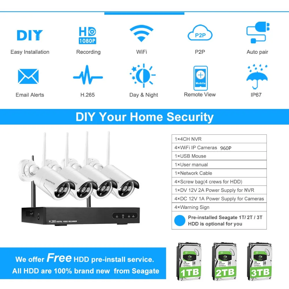 Anpviz Беспроводной камер безопасности System 1080p 4CH HDMI NVR с (4) 960 P HD 1.3MP всепогодный