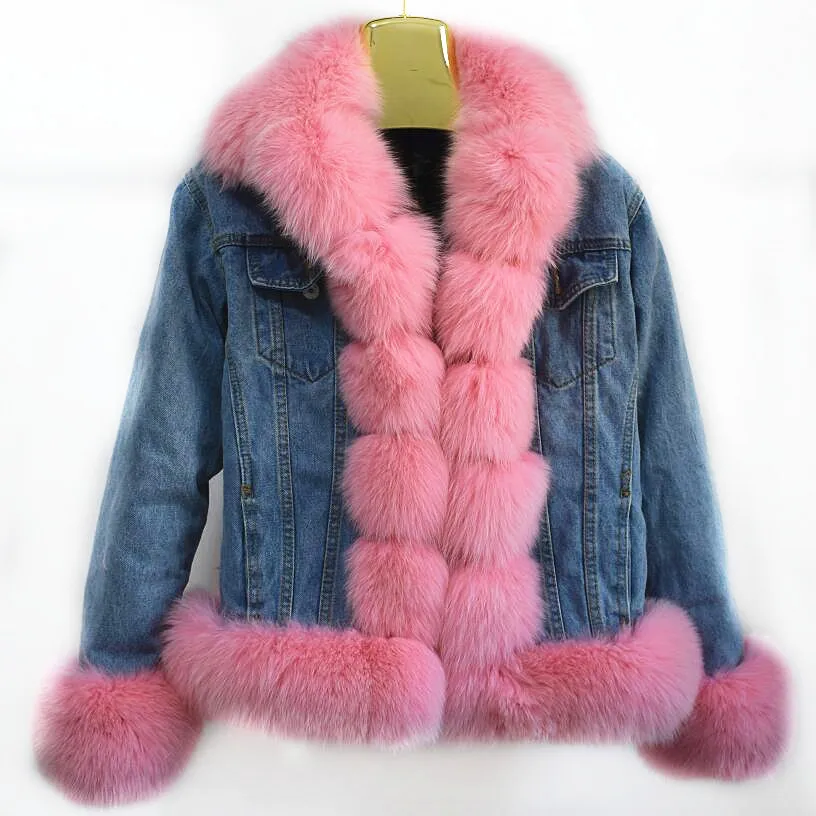 Pink Новинка, Женское пальто из натурального Лисьего меха, модная джинсовая куртка с карманами и воротником из натурального меха, уличная женская куртка из натурального Лисьего меха - Цвет: Pink