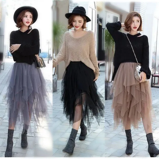 

TingYiLi Autumn Fashion Asymmetrical Tulle Skirt Black Gray Khaki High Waist Long Skirt Korean Women Skirt