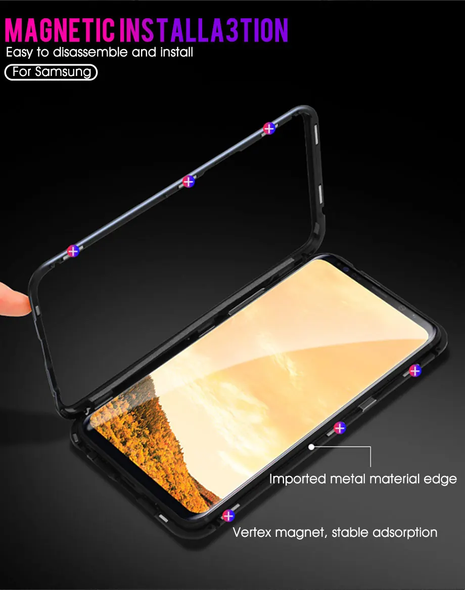 360 металлический магнитный чехол с полным покрытием для samsung Galaxy S9 S8 Plus S10 Plus S10 E Note 8 9 A50, чехол-накладка из закаленного стекла