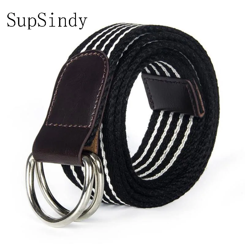 

SupSindy men's & woman's belt Metal double ring striped canvas belts for women luxury fashion men belt for jeans waistband strap