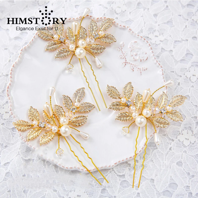 

Handmade Bridal Hairpins With Crystals Pearl Gold Leaf Wedding Hair Pins And Clips Rhinestone Hair Accessories 6pcs per lot