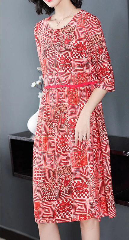 Imitate Real Silk Dress Women Temperament Slim O-neck Half Sleeved Printed Dresses Mid Calf length 2018 Spring Summer | Женская одежда