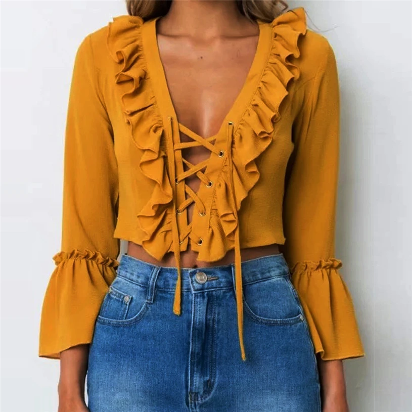 Женская мода шифон с длинными рукавами высокого качества 2018 vetement оборками Топ v