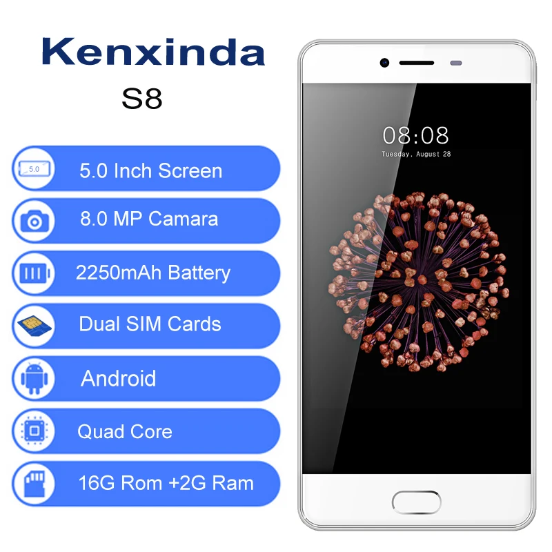 Оригинальный Kenxinda S8 ультра-тонкий отпечатков пальцев 4G 5 0 дюйма 2 GB + 16 смартфон