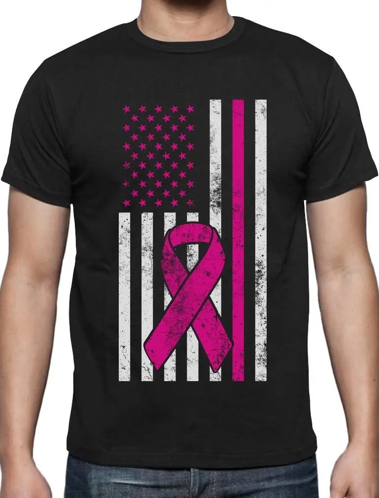 Custom Printed T Shirts Breast Cancer Awareness USA Flag Pink Ribbon Support T-Shirt Fight Short Men Crew Neck Fashion 2018 Tee | Мужская