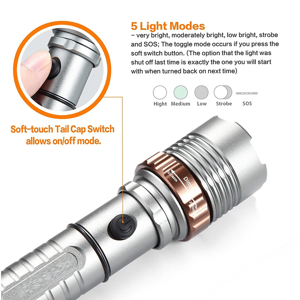 Светодиодный фонарик Lotus Attack Head 5 световых режимов, масштабируемый фокус, высокомощный тактический фонарь, водонепроницаемый, устойчивый на открытом воздухе, ручной