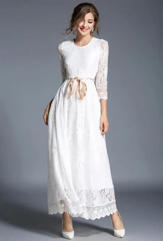 Высококачественное белое кружевное платье с вырезом женское макси осеннее