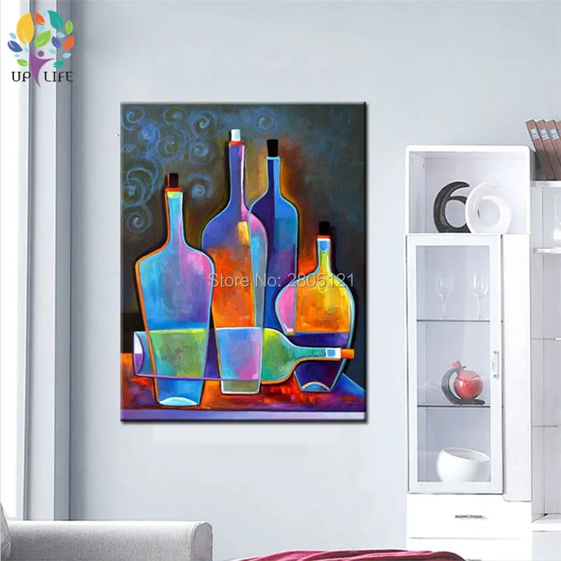 hand painted modern still life painting coloring bright wine bottles canvas picture dining room decoration wall art | Дом и сад