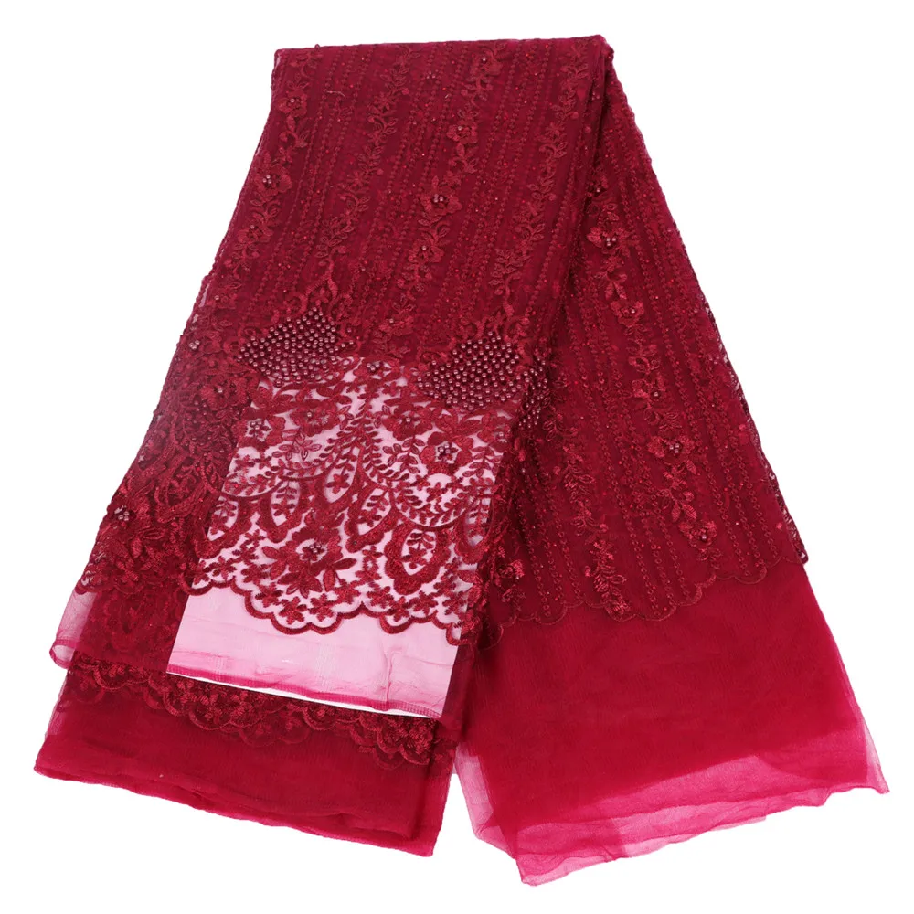 Сиреневого кружевного полотна с бусинами Высокое качество Африканский тюль