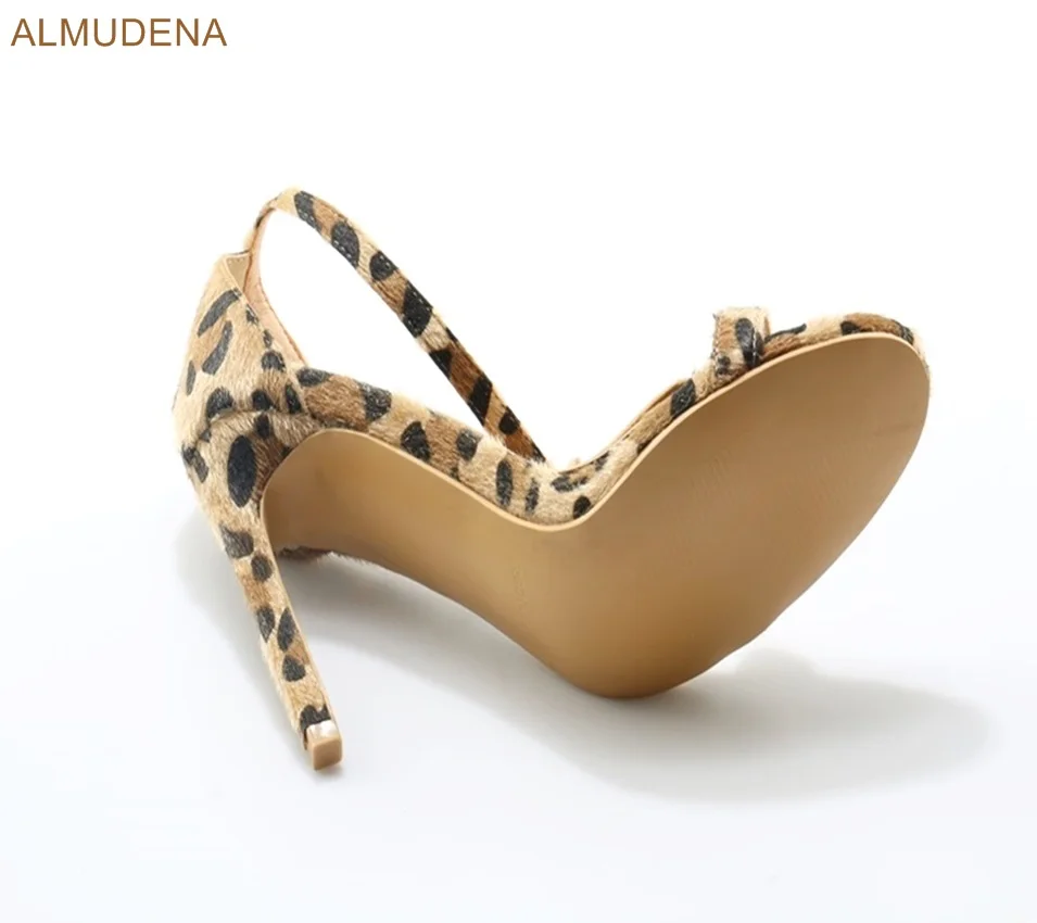 ALMUDENA Women Stylish Sexy Leopard Horse Hair Sandals Stiletto Heels Single Strap Pumps Ankle Buckle Contact Party Shoes | Обувь