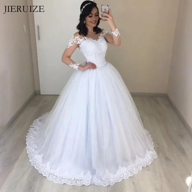 Белое кружевное свадебное платье JIERUIZE с длинными рукавами и аппликацией бальное