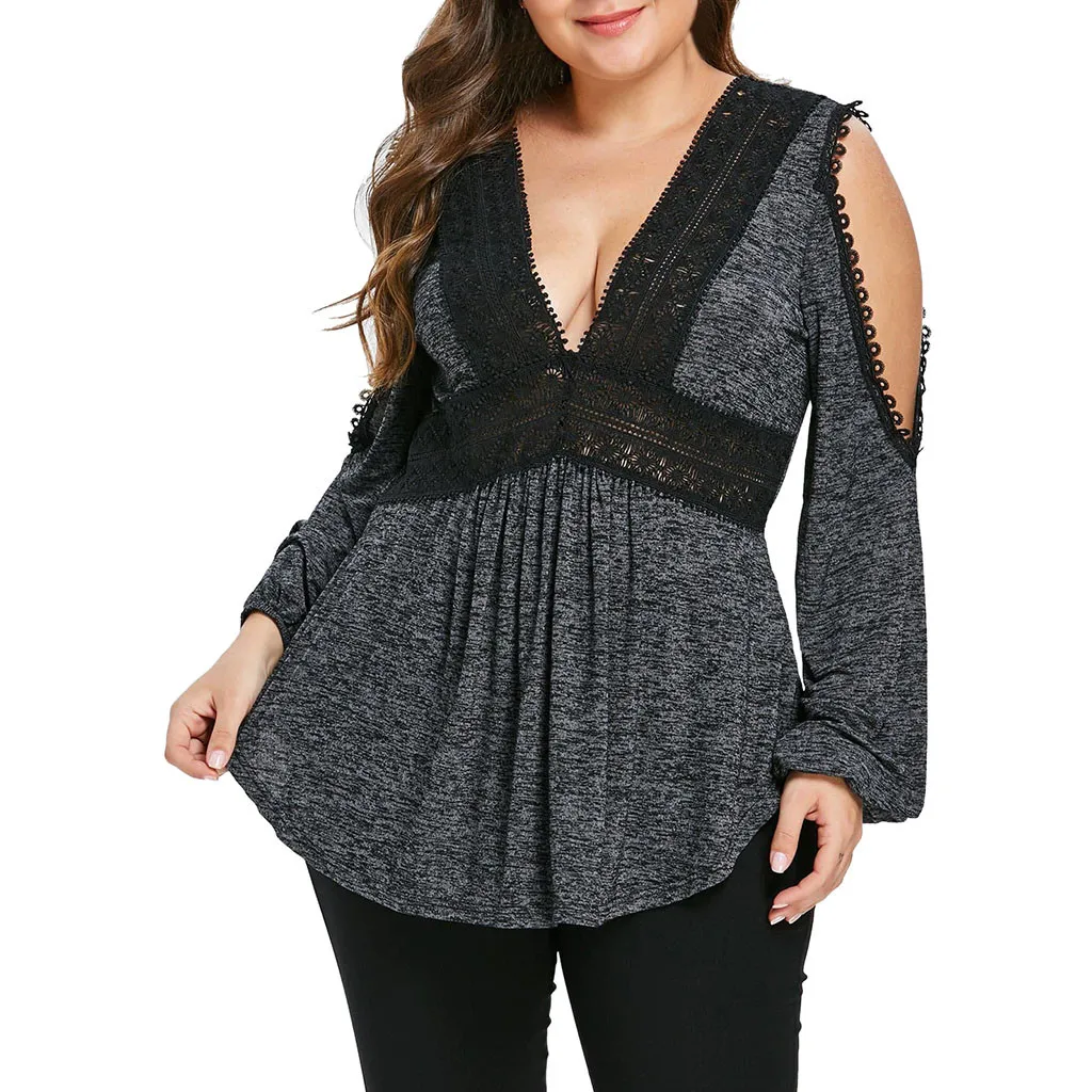 Camiseta feminina Женская Кружевная футболка с v образным вырезом большие размеры