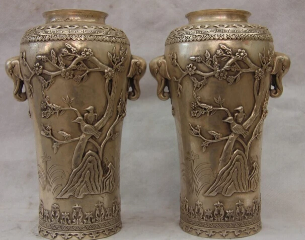 

song voge gem S1251 Chinese White Copper Silver Plum flower Magpie Bird Elephant Ear Pot Bottle Vase